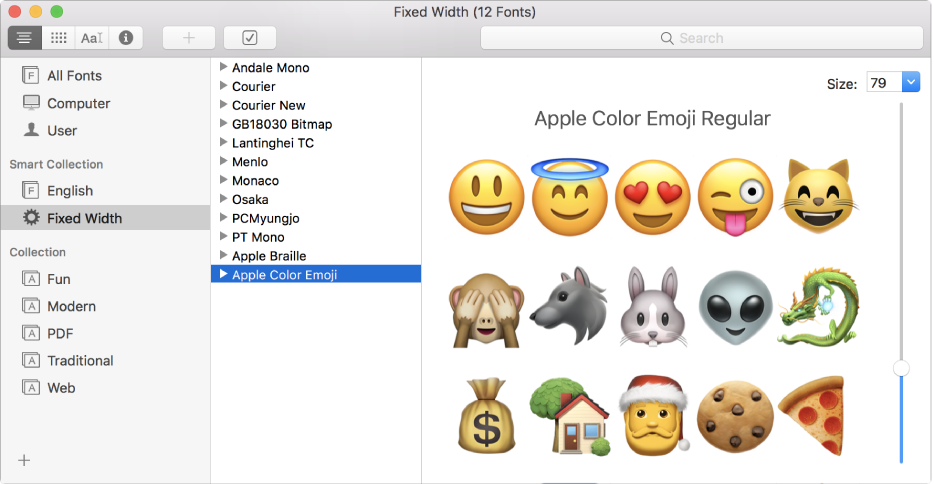 The Font Book window showing the Apple Color Emoji font.