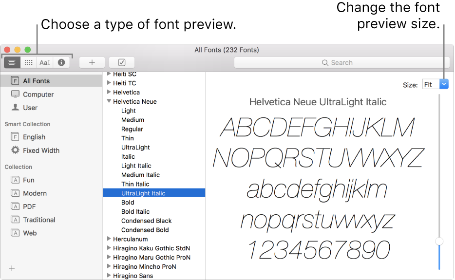 The Font Book window showing buttons in the top left for choosing the type of font preview, and a vertical slider at the far right for changing the preview size.