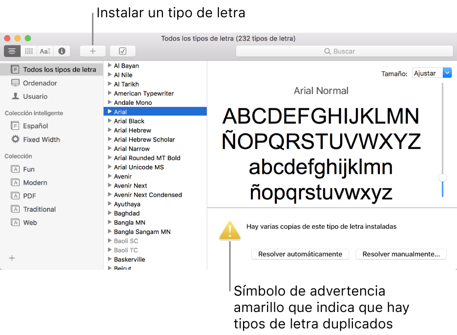 La ventana de Catálogo Tipográfico con el botón Añadir en la barra de herramientas para añadir un tipo de letra y, en la esquina inferior derecha, un símbolo de advertencia amarillo que identifica los tipos de letra duplicados.