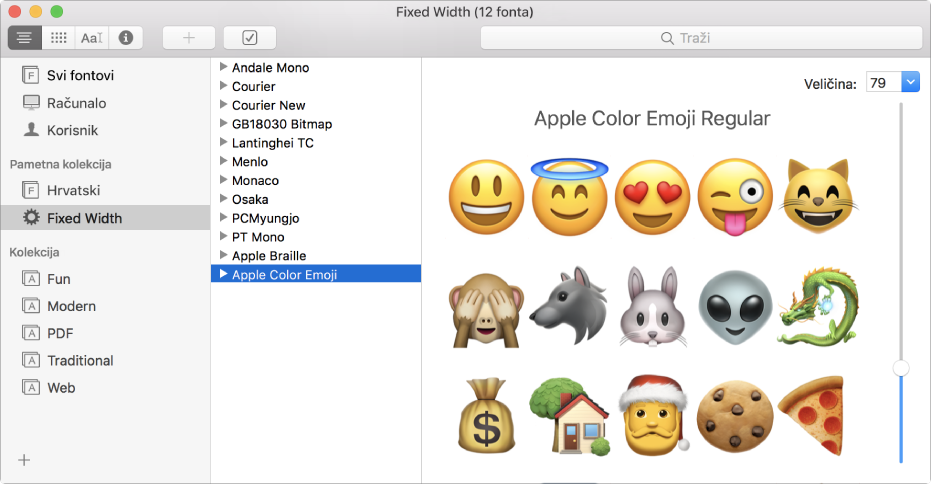 Prozor Knjige fontova koji prikazuje font Apple Color Emoji.