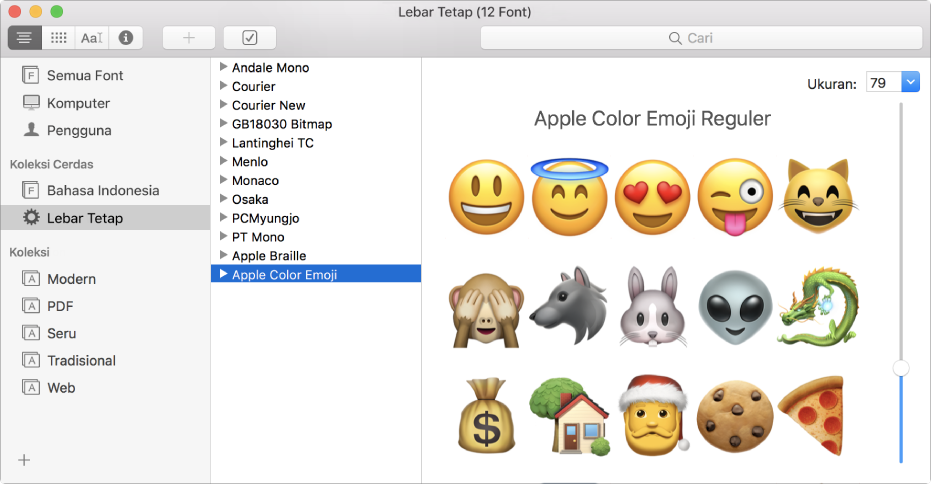 Jendela Buku Font menampilkan font Apple Color Emoji.