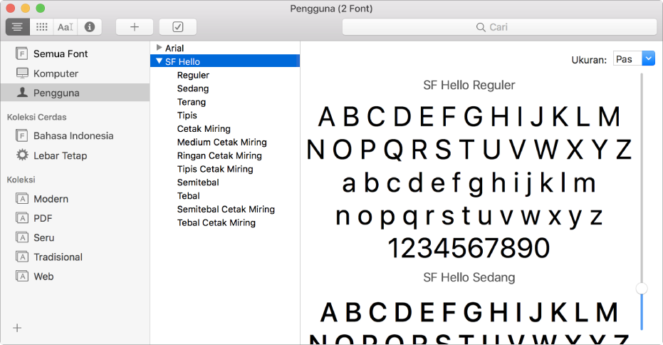 Jendela Buku Font menampilkan font yang baru diinstal.