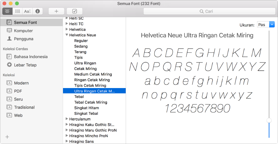Jendela Buku Font menampilkan daftar font dengan satu sampel dipratinjau.