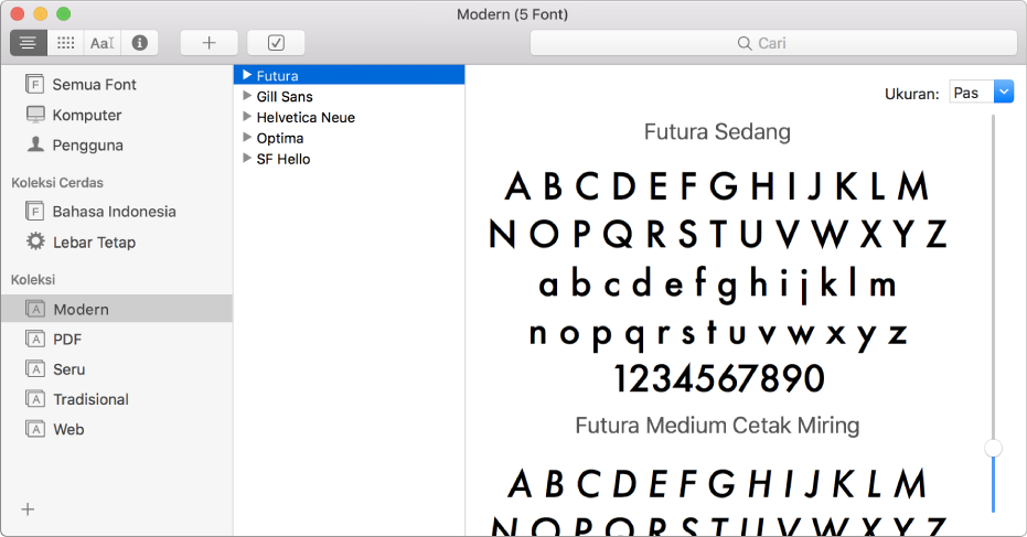 Jendela Buku Font menampilkan koleksi font Modern.
