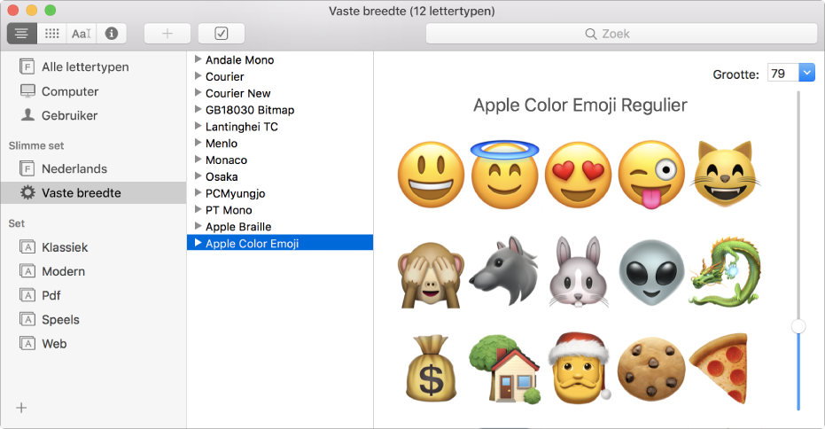 Het venster van Lettertypecatalogus met het lettertype Apple Color Emoji.
