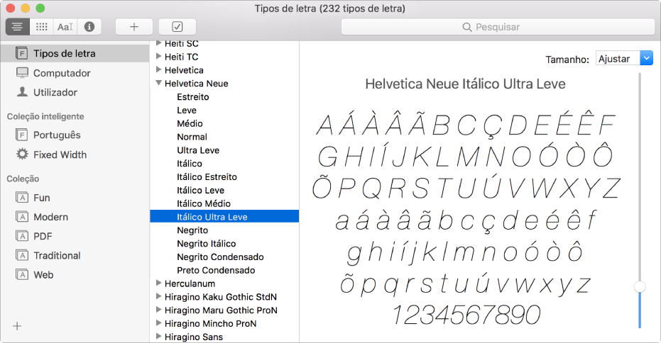 A janela do Catálogo Tipográfico a mostrar uma lista de tipos de letra com um exemplo em pré-visualização.