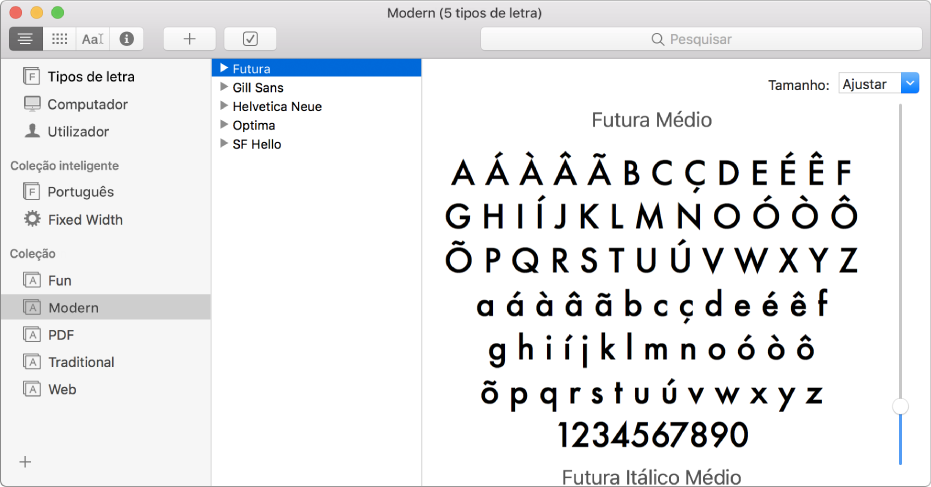 A janela do Catálogo Tipográfico a mostrar a coleção de tipos de letra Moderno.