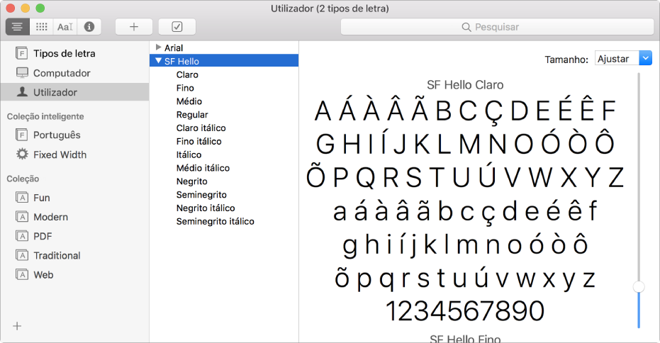 A janela do Catálogo Tipográfico a mostrar um tipo de letra recém-instalado.