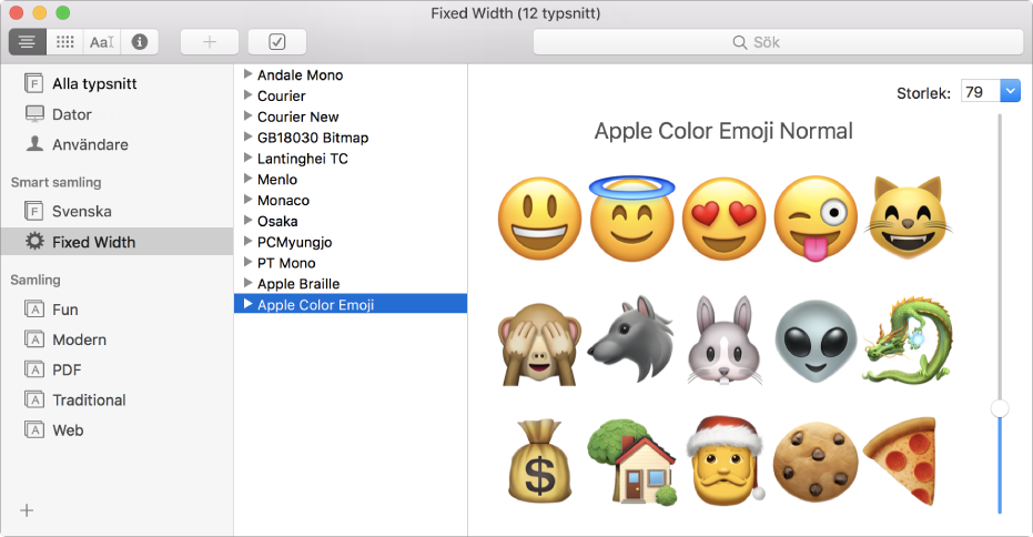 Fönstret Typsnittsbok med typsnittet Apple Color Emoji.