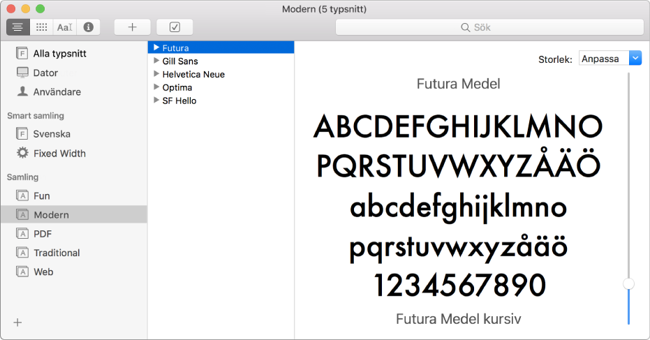 Fönstret Typsnittsbok med typsnittssamlingen Modern.
