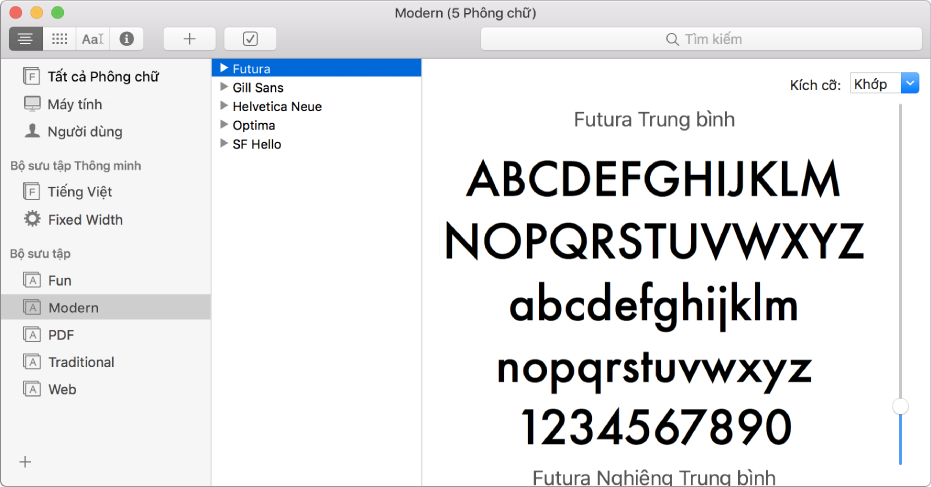 Cửa sổ Sổ quản lý phông chữ đang hiển thị bộ sưu tập Hiện đại của các phông chữ.