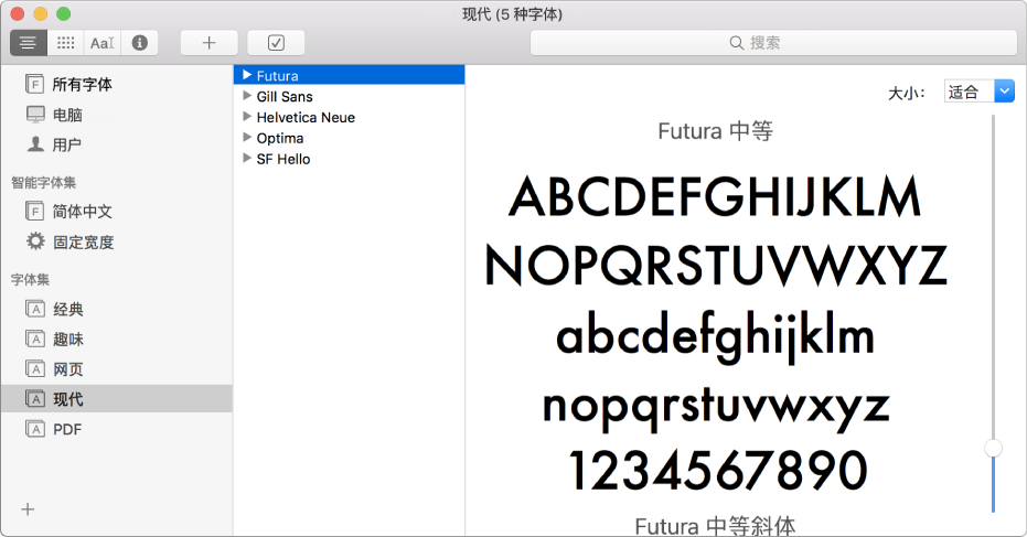 “字体册”窗口显示字体的“现代”字体集。