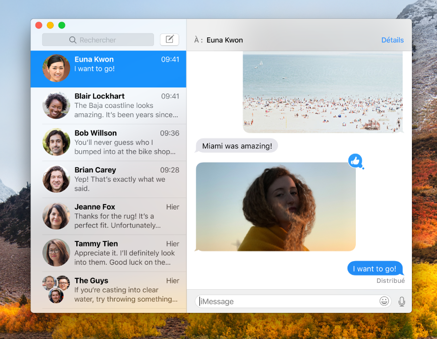 La fenêtre Messages avec plusieurs conversations dans la barre latérale de gauche, ainsi qu’une conversation ouverte sur la droite.
