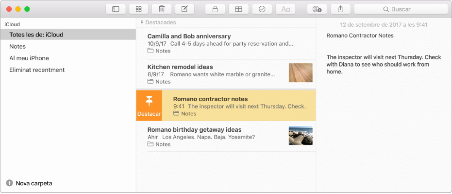 La finestra de l‘app Notes, amb la barra lateral a l‘esquerra, la llista de notes al centre i el contingut de la nota a la dreta.