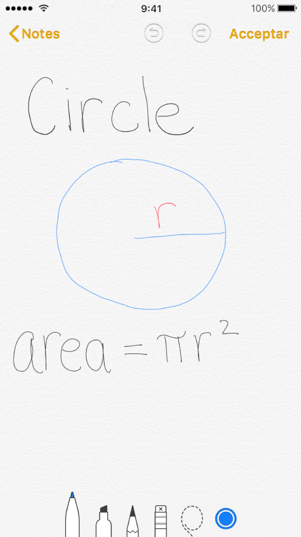 Un dibuix integrat en un iPhone, amb un cercle dibuixat i la fórmula matemàtica escrita de l‘àrea del cercle.