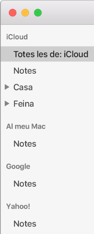 La llista de comptes a l‘app Notes, que mostra l‘iCloud, “Al meu Mac” i altres comptes, com ara els de Google i Yahoo.