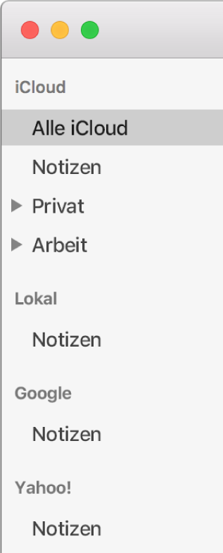 Die Liste mit der App „Notizen“ verwendeten Accounts mit iCloud, „Auf meinem Mac“ und anderen Accounts wie Google und Yahoo.