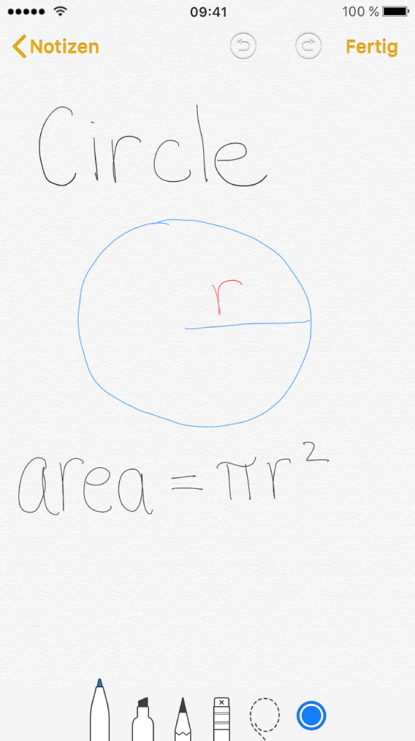 Eine Inline-Zeichnung auf einem iPhone mit einem gezeichneten Kreis und der handschriftlichen mathematischen Formel für den gezeichneten Kreis.