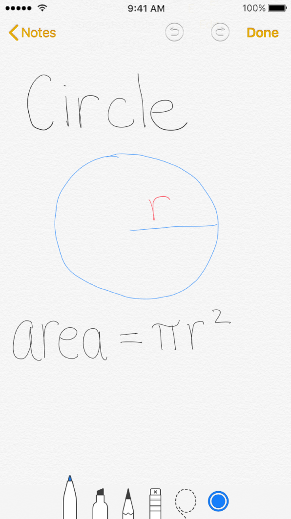 Inline drawing on iPhone with a drawn circle and the written mathematical formula for the area of a circle.
