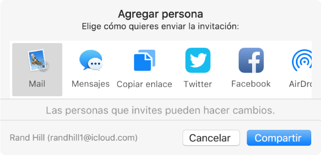 El cuadro de diálogo “Agregar personas”, donde puedes escoger cómo enviar la invitación para agregar personas a una nota.
