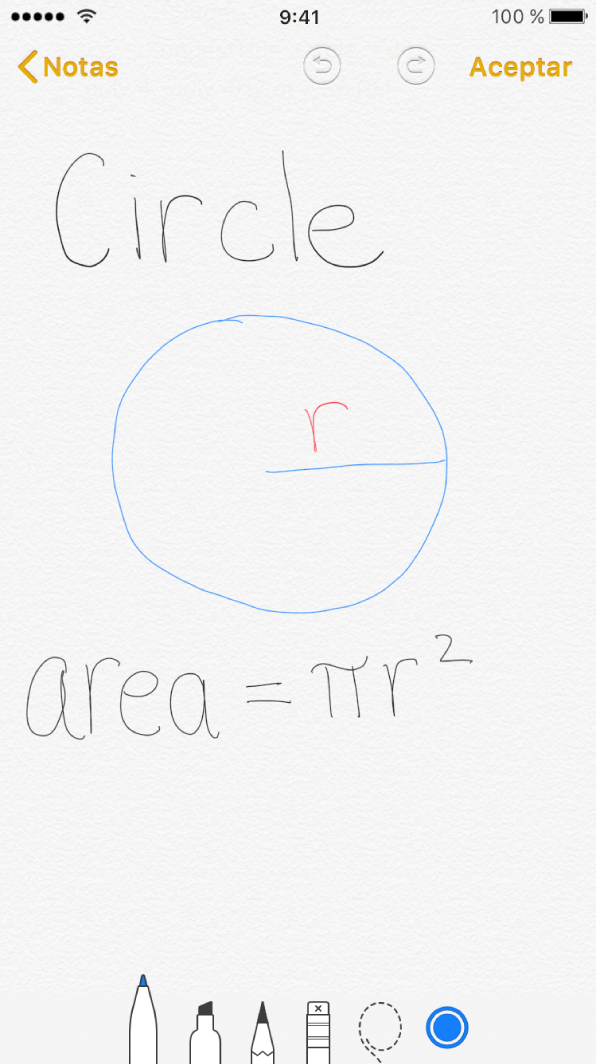 Dibujo insertado en el iPhone con un círculo dibujado y la fórmula matemática escrita para el área de un círculo.