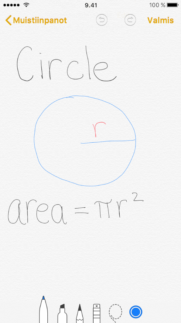Tekstiin sidottuja piirroksia iPhonessa: piirretty ympyrä ja kirjoitettu matemaattinen kaava ympyrän pinta-alalle.