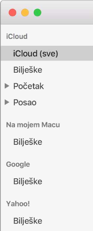 Popis računa u Bilješkama prikazuje iCloud, Na mojem Macu i ostale račune kao što su Google i Yahoo.