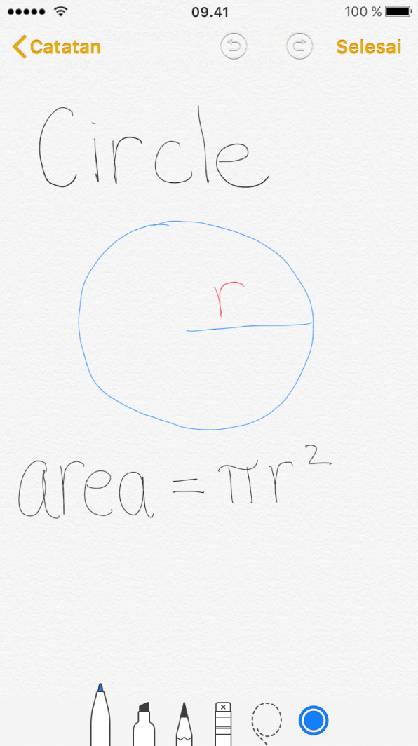 Gambar sebaris di iPhone dengan lingkaran digambar dan formula matematis ditulis untuk area lingkaran.