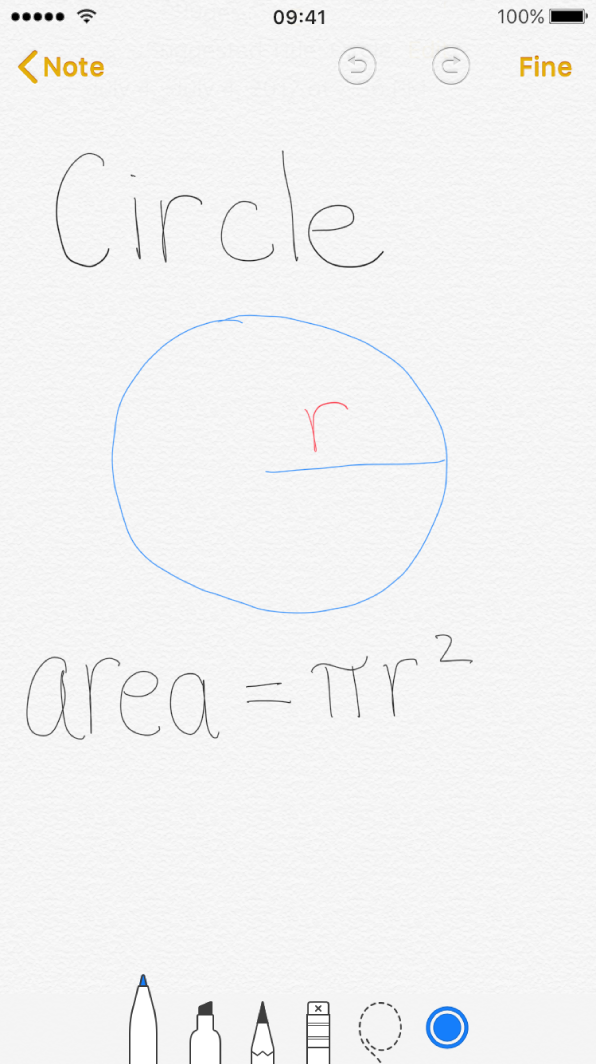 Disegno integrato di un cerchio e formule matematiche per calcolarne l’area su iPhone.