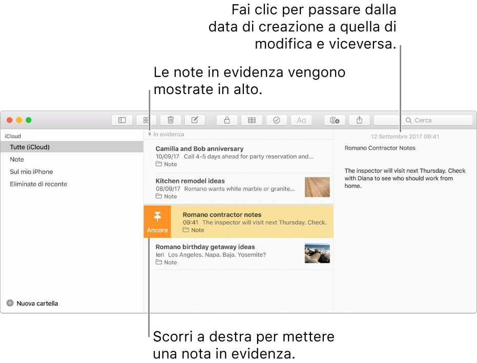 La finestra di Note, con l’elenco di note al centro, le note ancorate in cima all’elenco note e il pulsante Ancora su una nota. Il contenuto di quella nota appare sulla destra con la data in alto; fai clic sulla data per passare dalla data di creazione alla data di modifica.