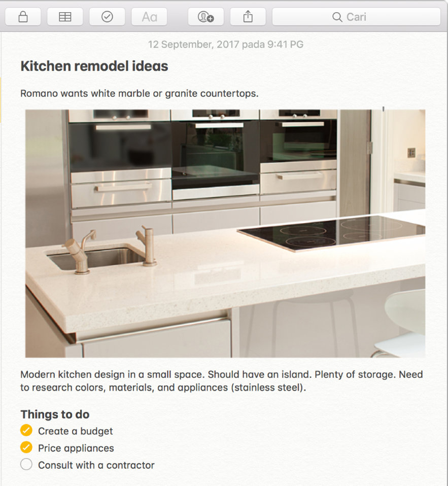 Nota yang menyertakan foto sebuah dapur, perihalan idea model semula dapur dan senarai semak perkara untuk dilakukan.