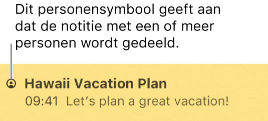 Een notitie waaraan personen zijn toegevoegd, met het symbool 'Personen' links van de naam van de notitie.