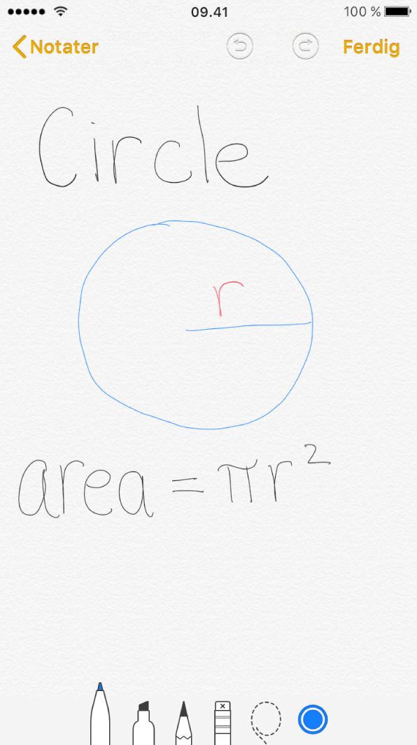 Tekstbundet tegning på iPhone med en tegnet sirkel og en skrevet matematisk formel for sirkelens areal.