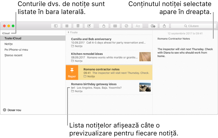 Fereastra Notițe cu toate conturile dvs. configurate, listate în bara laterală, în stânga, lista de notițe pe mijloc, afișând o previzualizare a fiecărei notițe, și conținutul notiței selectate, în partea dreaptă.