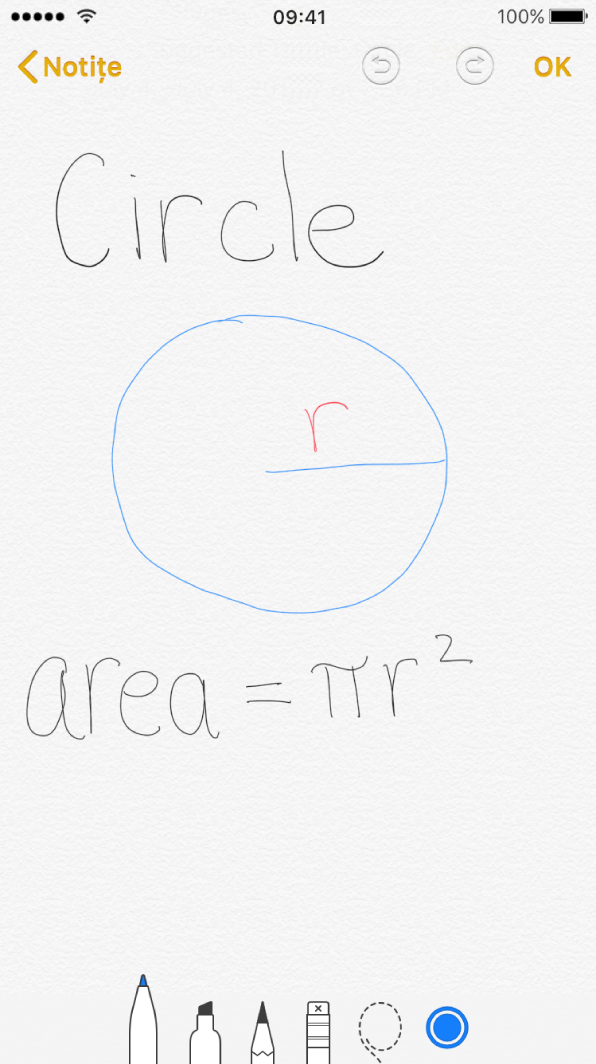 Desen în linie pe iPhone, cu un cerc desenat și formula matematică pentru aria cercului scrisă.