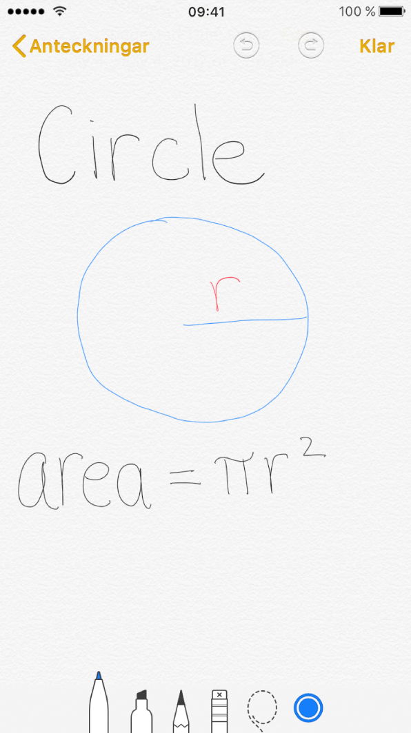 Textbunden teckning på iPhone med en ritad cirkel och en skriven matematisk formel för cirkelns yta.