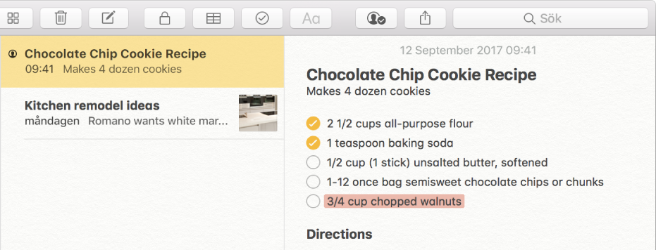 En anteckning med ett recept på chocolate chip cookies. En personsymbol till vänster om anteckningens namn i anteckningslistan visar att personer har lagts till listan för samarbete.