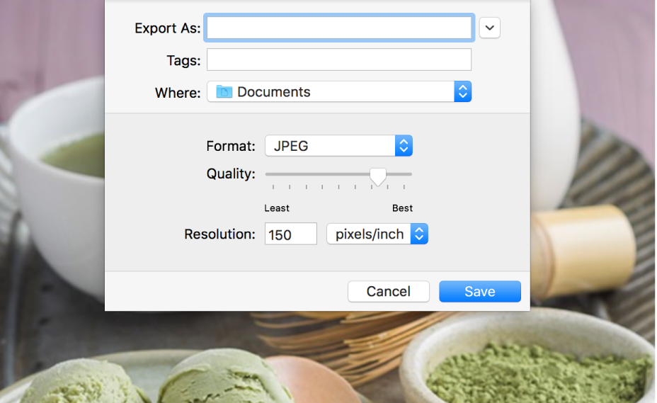 The Export options in Preview.