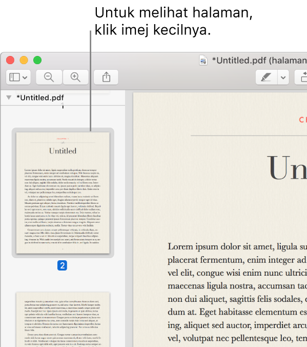 PDF dengan imej kecil dipaparkan dalam bar sisi.