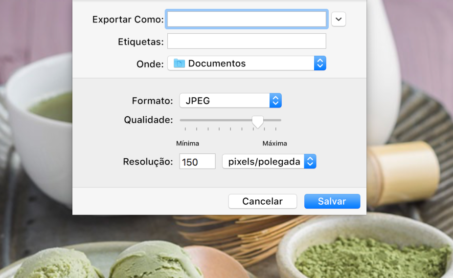 Opções de exportação na Pré-Visualização.