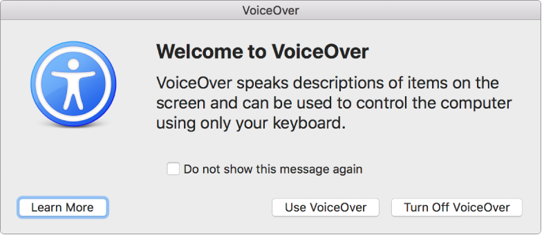 The Welcome to VoiceOver dialog with Learn More, Use VoiceOver, and Turn Off Voiceover buttons across the bottom.