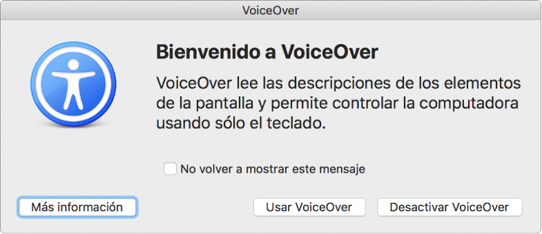 El cuadro de bienvenida de VoiceOver con los botones “Más información”, “Usar VoiceOver” y “Desactivar VoiceOver” en la parte inferior.