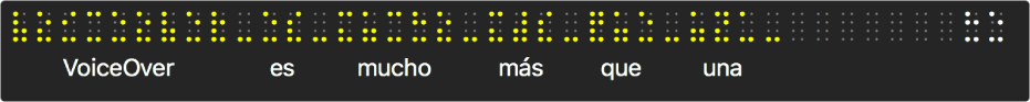 El panel braille muestra puntos de braille simulados de color amarillo; el texto situado debajo de los puntos muestra lo que se está locutando actualmente en VoiceOver.