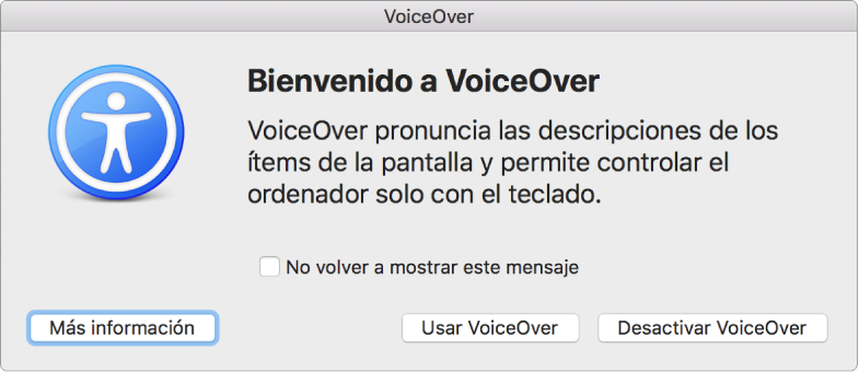 El cuadro de diálogo “Bienvenido a VoiceOver”, con los botones “Más información”, “Usar VoiceOver” y “Desactivar VoiceOver” en la parte inferior.