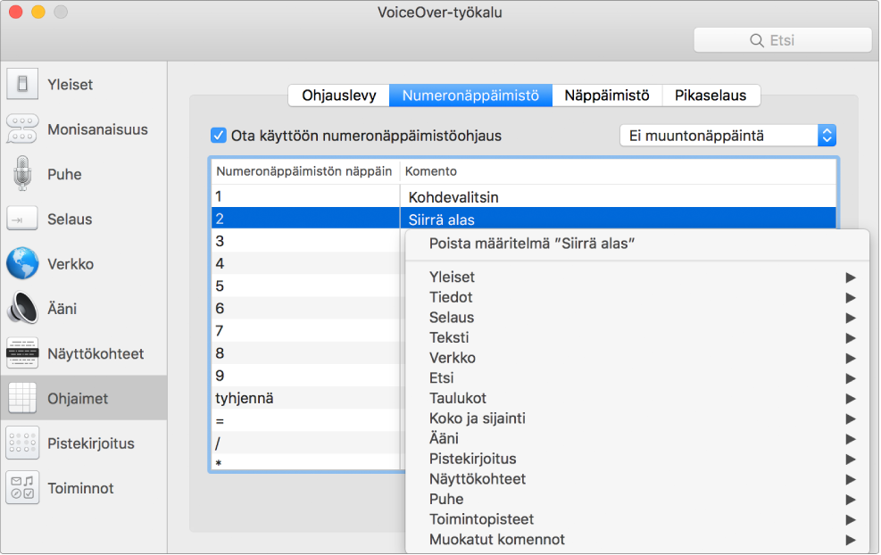 VoiceOver-työkalun ikkuna, jossa on Ohjaimet-kategoria valittuna vasemmassa sivupalkissa ja numeronäppäimistö oikealla. Numeronäppäimistö-osion yläosassa on valittuna Ota numeronäppäimistöohjaus käyttöön -valintaneliö. Muuntonäppäin-ponnahdusvalikossa on valittuna Ei muuntonäppäintä. Valintaneliön ja ponnahdusvalikon alapuolella on taulukko, jossa on kaksi saraketta: Numeronäppäimistön näppäin ja Komento. Toinen rivi on valittuna. Numeronäppäimistö-sarakkeessa on ”2” ja Komento-sarakkeessa on ”Siirrä alas”. Siirrä alas -valinnan alla on ponnahdusvalikko, jossa on komentokategorioita, kuten Yleiset. Jokaisessa kategoriassa on nuoli, josta näkyy komentoja, joita voi määrittää nykyiselle numeronäppäimistön näppäimelle.