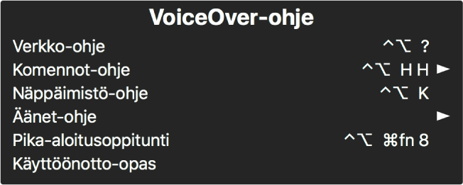 VoiceOver-ohjevalikko on paneeli, jossa on luetteloituina ylhäältä alas: Verkko-ohje, Komennot-ohje, Näppäimistö-ohje, Äänet-ohje, Pika-aloitusoppitunti ja Käyttöönotto-opas. Kunkin kohteen oikealla puolella on VoiceOver-komento, joka näyttää kohteen, tai nuoli, jolla pääset alavalikkoon.