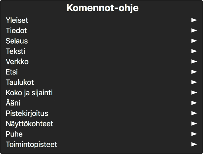 Komennot-ohjevalikko on paneeli, jossa on luetteloituna komentokategoriat, alkaen Yleiset-kategoriasta ja päättyen Toimintopisteet-kategoriaan. Kunkin luettelokohteen oikealla puolella on nuoli, jolla pääset kohteen alivalikkoon.