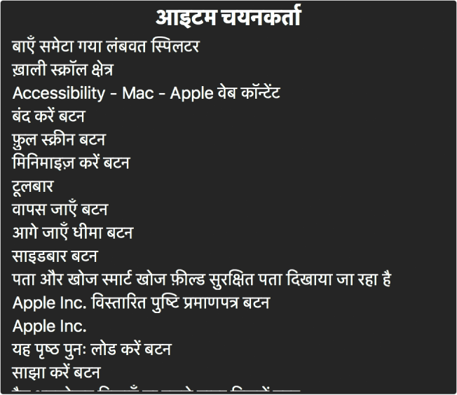 आइटम चयनिका एक पैनल है जिसमें ख़ाली स्क्रोल क्षेत्र, बंद करें बटन, टूलबार और साझा करें बटन आदि जैसे आइटम शामिल हैं।