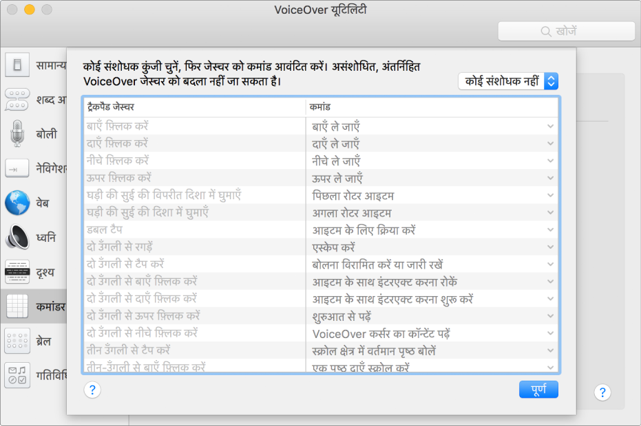 VoiceOver यूटिलिटी के ट्रैकपैड कमांडर में VoiceOver जेस्चर और संबंधित कमांड की सूची दिखाई गई है।
