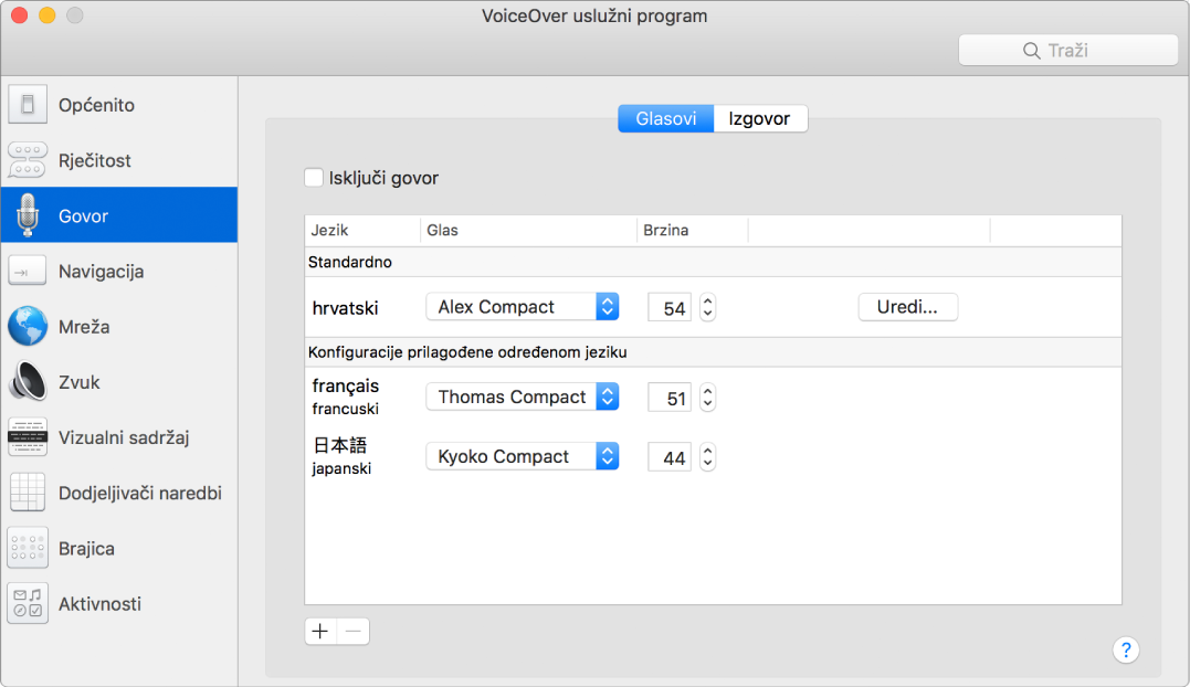 Prozor Uslužnog programa VoiceOver koji prikazuje postavke glasa za engleski, francuski i japanski jezik.